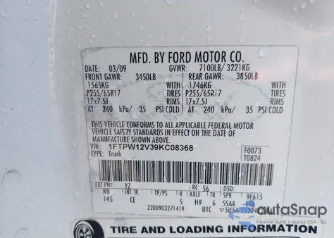 2009 Ford F-150 King Ranch/Lariat/Platinum/Xl/Xlt z USA, uszkodzony, nr VIN 1FTPW12V39KC08368